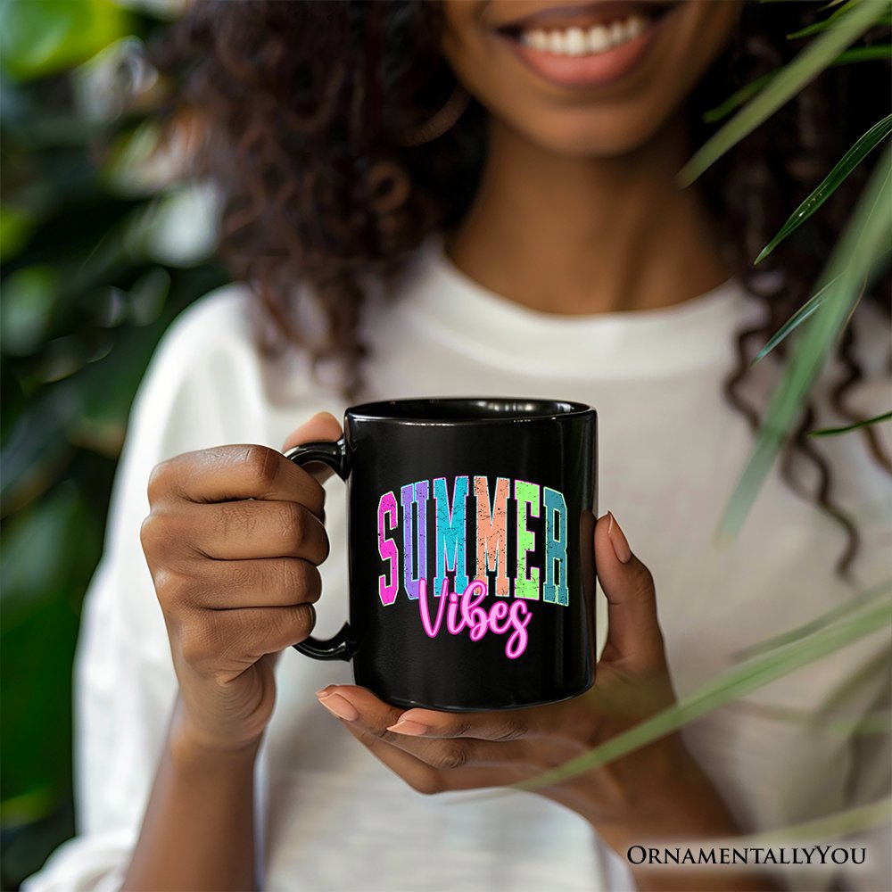 Summer Vibes Neon Varsity Mug, Retro Beach Gift Personalized Ceramic Mug OrnamentallyYou 