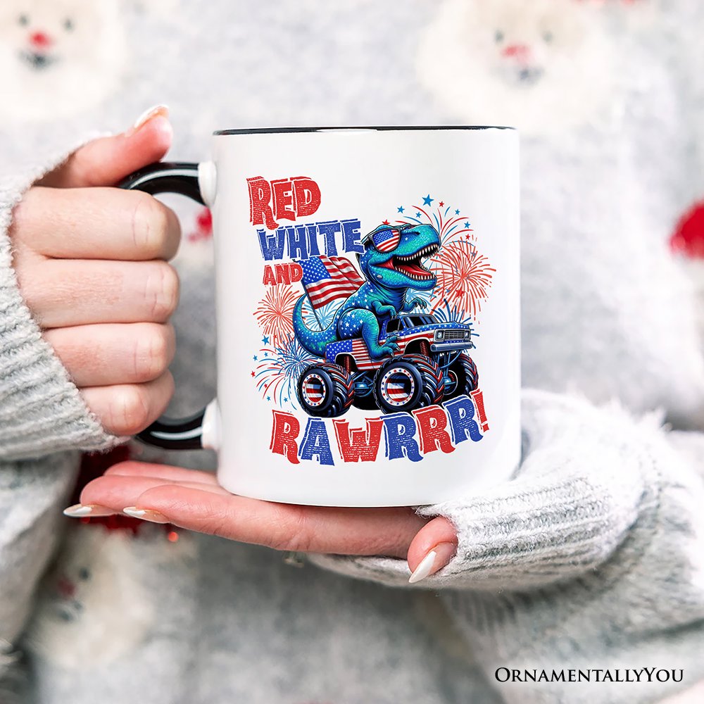 Patriotic Dinosaur Monster Truck Personalized Mug, Red White and Rawrr 4th of July Gift with Custom Name Personalized Ceramic Mug OrnamentallyYou 