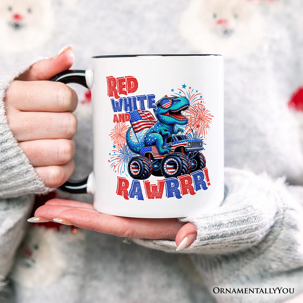 Patriotic Dinosaur Monster Truck Personalized Mug, Red White and Rawrr 4th of July Gift with Custom Name