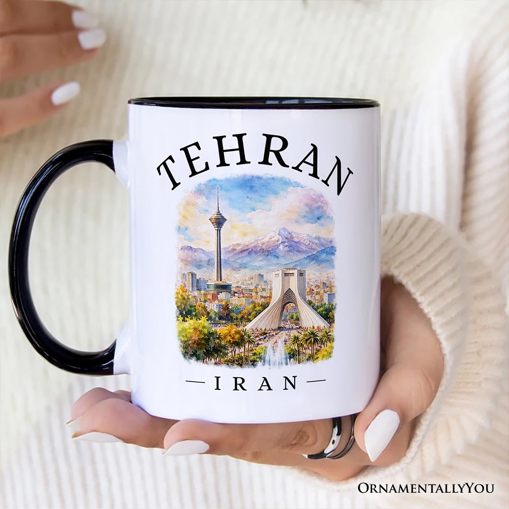 Watercolor Tehran Cityscape Mug, Iran Landmarks Azadi and Milad Tower Gift Personalized Ceramic Mug OrnamentallyYou 