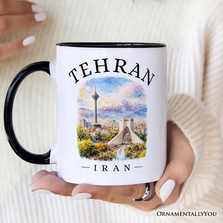 Watercolor Tehran Cityscape Mug, Iran Landmarks Azadi and Milad Tower Gift Personalized Ceramic Mug OrnamentallyYou 