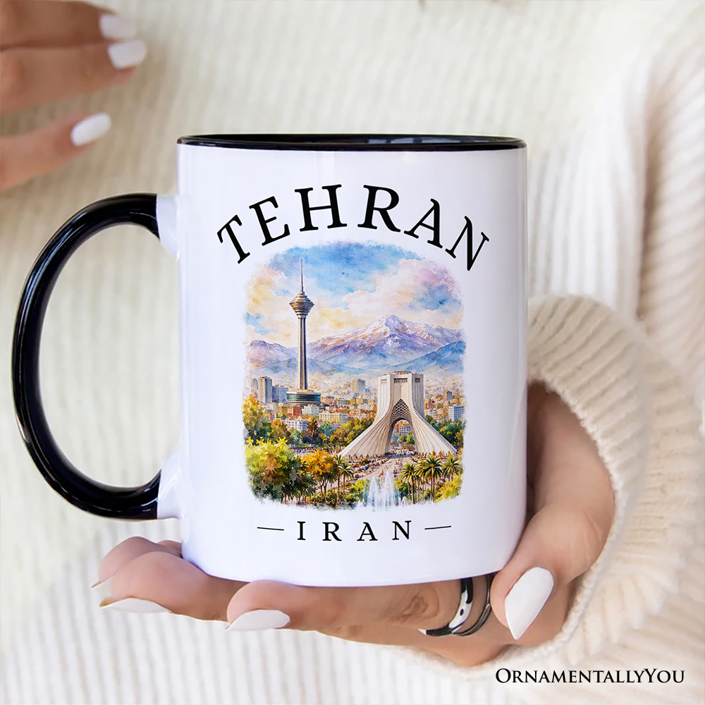 Watercolor Tehran Cityscape Mug, Iran Landmarks Azadi and Milad Tower Gift