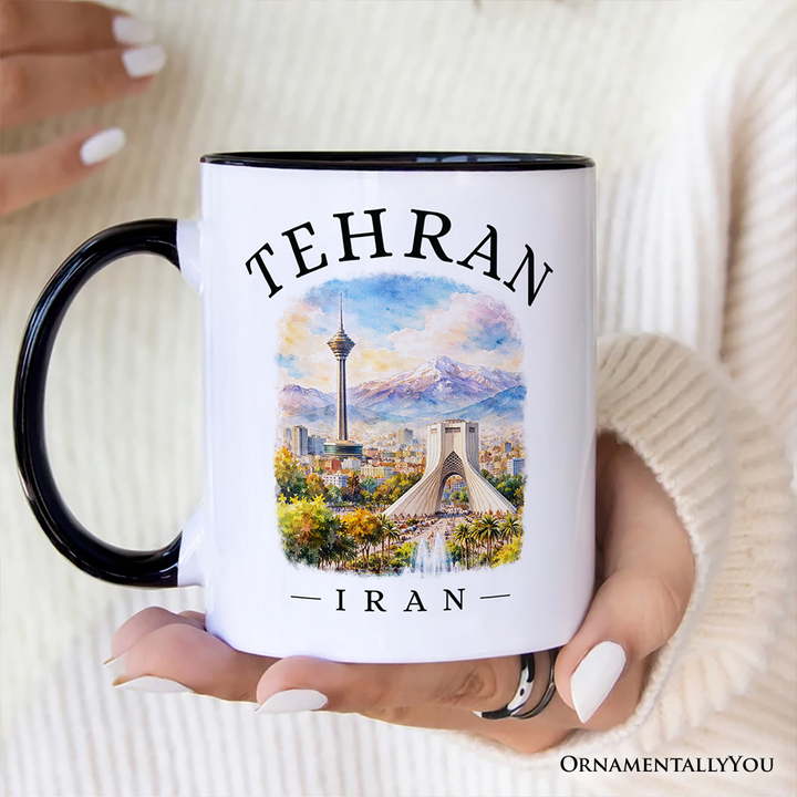 Watercolor Tehran Cityscape Mug, Iran Landmarks Azadi and Milad Tower Gift