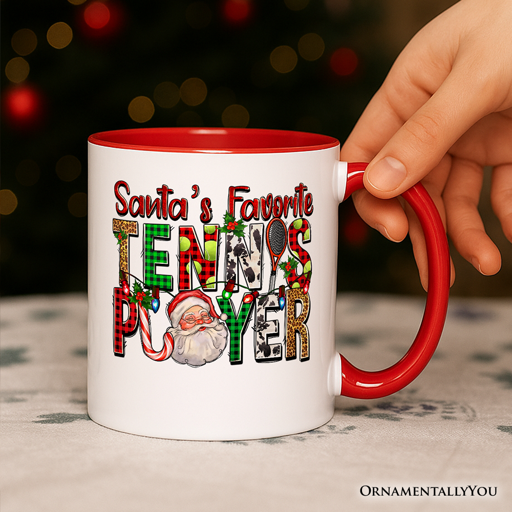 Santa’s Favorite Tennis Player Personalized Mug, Plaid Christmas Athelete Gift with Custom Name