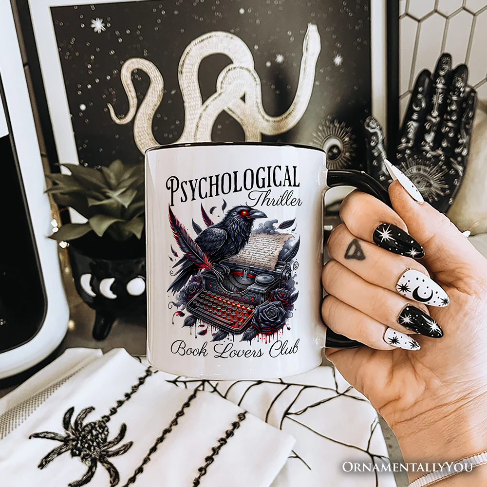 Psychological Thriller Book Lovers Club Personalized Mug, Gothic Raven Typewriter Bookish Gift with Custom Name
