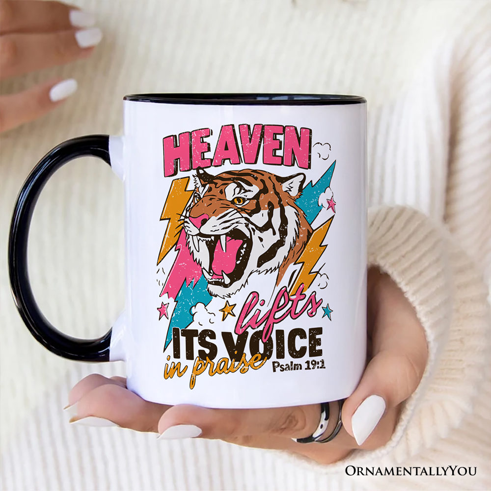 Heaven Lifts its Voice in Praise Christian Personalized Mug, Tiger Psalm 19:1 Bible Verse Gift with Custom Name