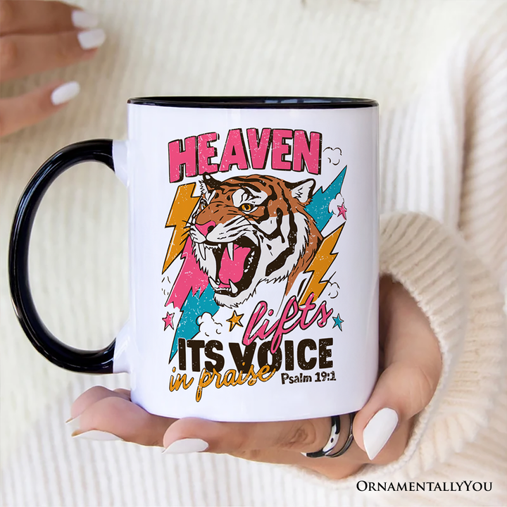 Heaven Lifts its Voice in Praise Christian Personalized Mug, Tiger Psalm 19:1 Bible Verse Gift with Custom Name