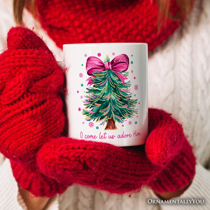 Glitter Christmas Tree Coquette Bow Personalized Mug, O Come Let Us Adore Him Holiday Gift with Custom Name Personalized Ceramic Mug OrnamentallyYou 