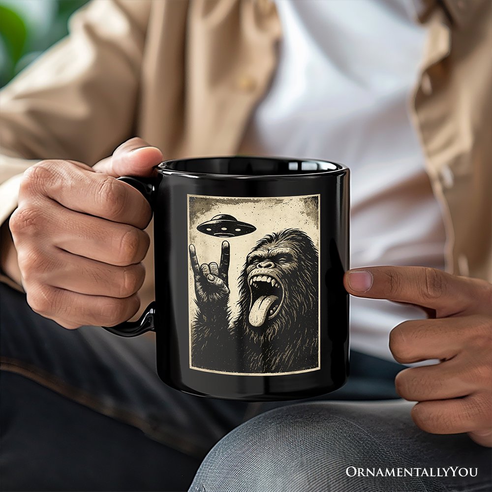 Bigfoot UFO Funny Personalized Mug, Rock and Roll Sasquatch Meme Gift with Custom Name Personalized Ceramic Mug OrnamentallyYou 