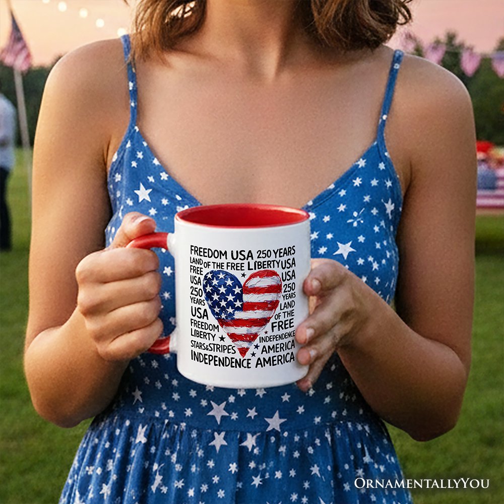 USA 250 Heart Patriotic Mug, Retro 4th of July Gift Personalized Ceramic Mug OrnamentallyYou 