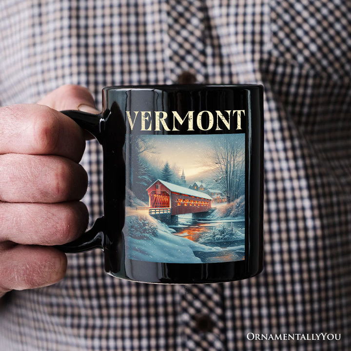 Rustic Red Covered Bridge Vermont State Personalized Mug, New England Historical Gift and Travel Souvenir with Custom Name