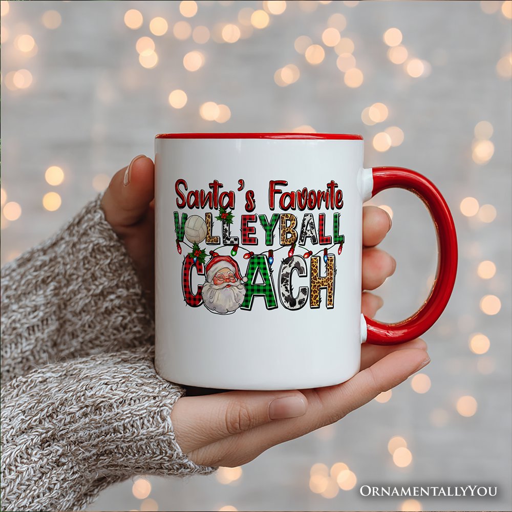 Santa’s Favorite Volleyball Coach Personalized Mug, Plaid Christmas Sports Gift with Custom Name Personalized Ceramic Mug OrnamentallyYou 