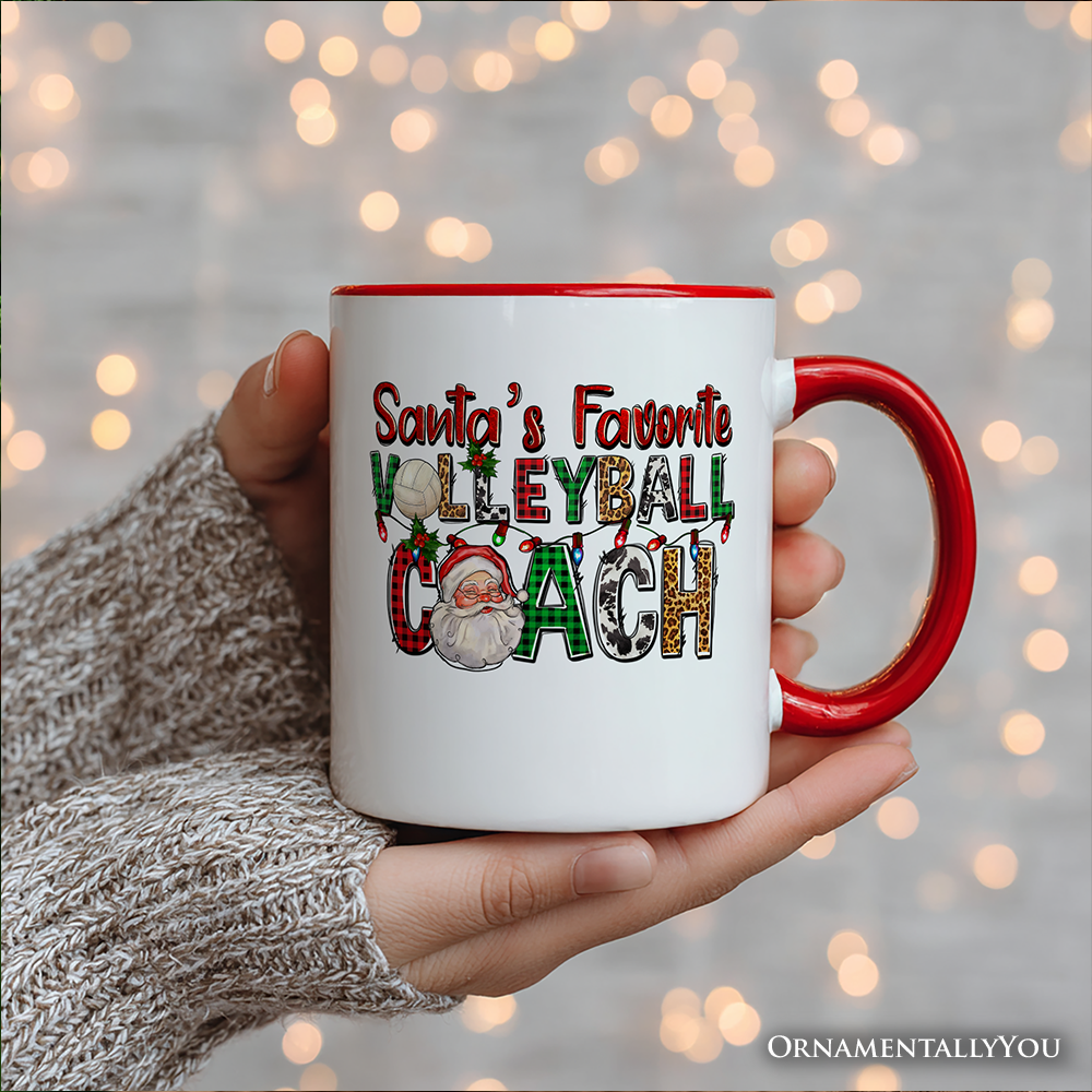 Santa’s Favorite Volleyball Coach Personalized Mug, Plaid Christmas Sports Gift with Custom Name