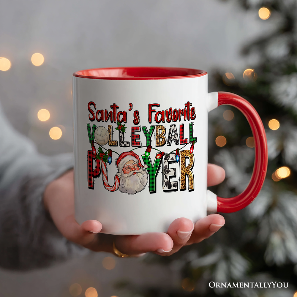 Santa’s Favorite Volleyball Player Personalized Mug, Plaid Christmas Sports Gift with Custom Name