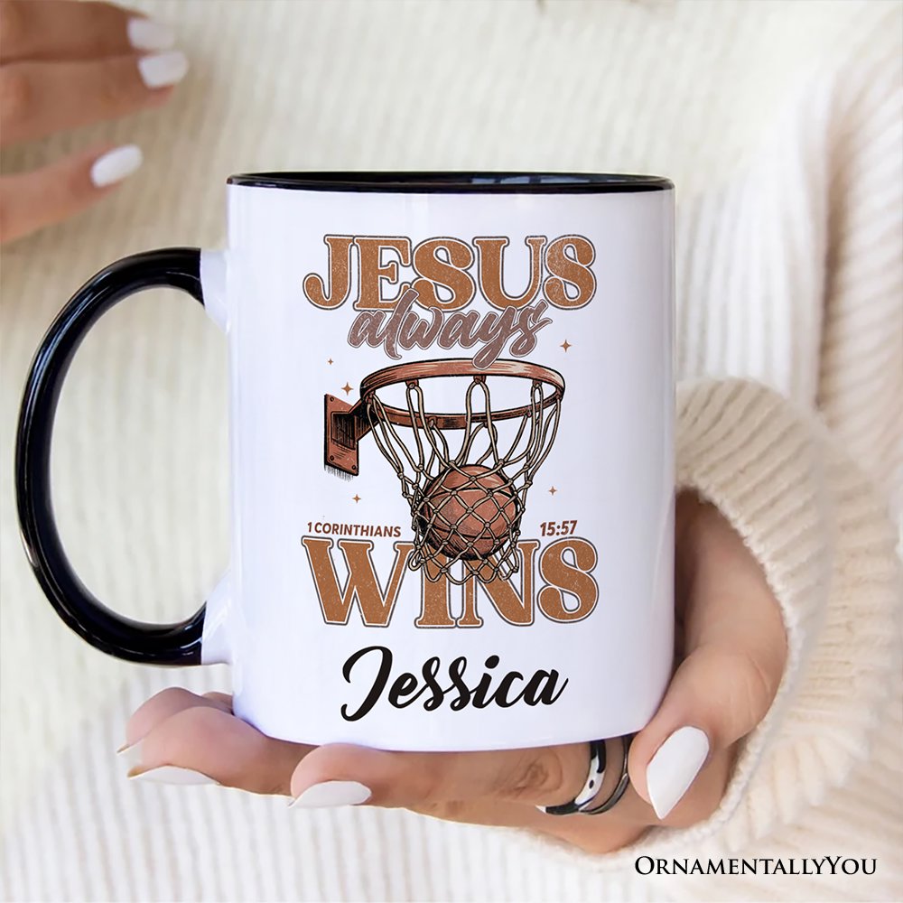 Jesus Always Wins Christian Basketball Personalized Mug, Retro Motivational Bible Verse Gift with Custom Name Personalized Ceramic Mug OrnamentallyYou 