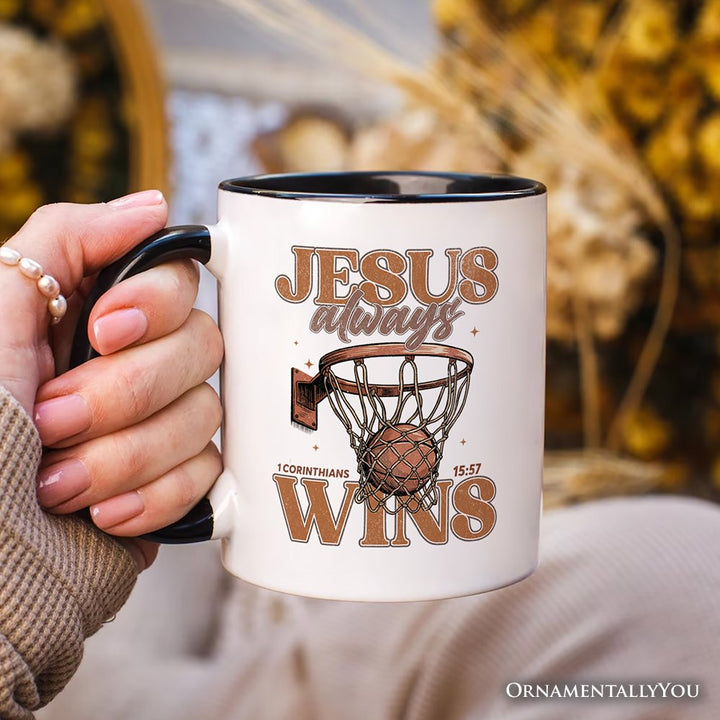 Jesus Always Wins Christian Basketball Personalized Mug, Retro Motivational Bible Verse Gift with Custom Name Personalized Ceramic Mug OrnamentallyYou 