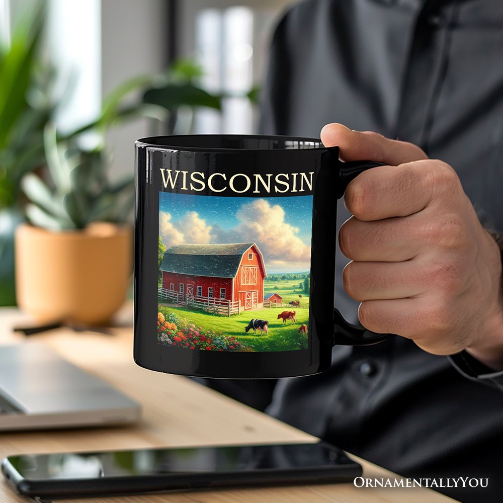 Vintage Wisconsin Farm Landscape Personalized Mug, Midwest Red Barn Gift and Countryside Souvenir with Custom Name Personalized Ceramic Mug OrnamentallyYou 