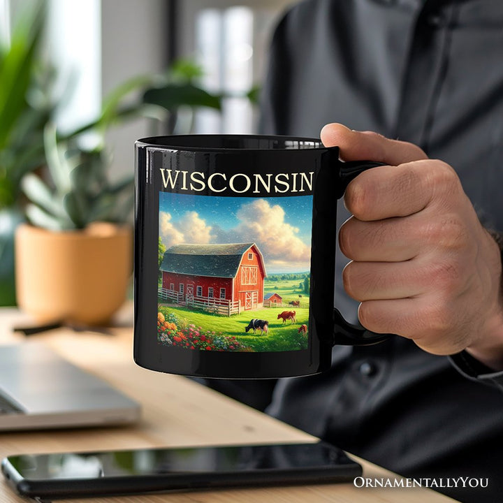 Vintage Wisconsin Farm Landscape Personalized Mug, Midwest Red Barn Gift and Countryside Souvenir with Custom Name Personalized Ceramic Mug OrnamentallyYou 