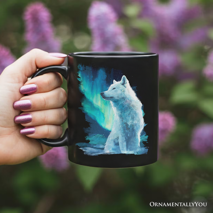 Wild Aurora White Wolf Personalized Mug, Northern Lights Arctic Wolf Gift with Custom Name