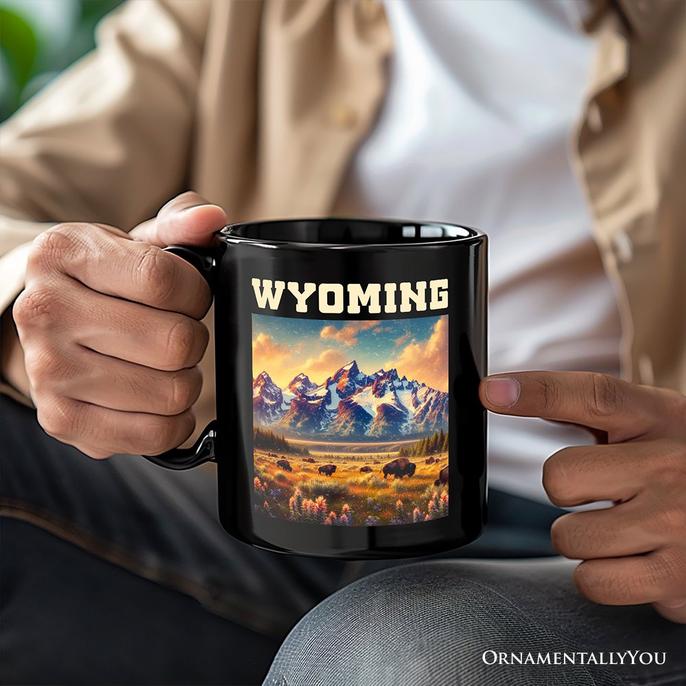 Majestic Wyoming State Prairie Personalized Mug, Grand Teton Bison Gift and Western Landscape Souvenir with Custom Name Personalized Ceramic Mug OrnamentallyYou 