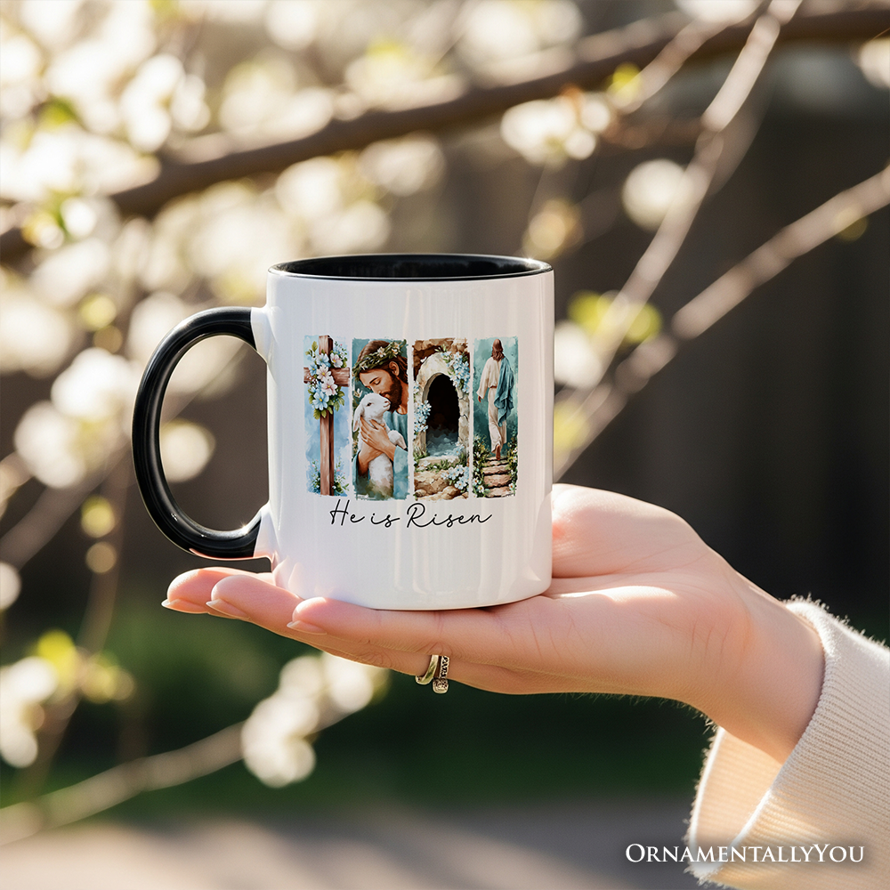 He Is Risen Christian Brushstroke Personalized Mug, Festive Easter Gift with Custom Name