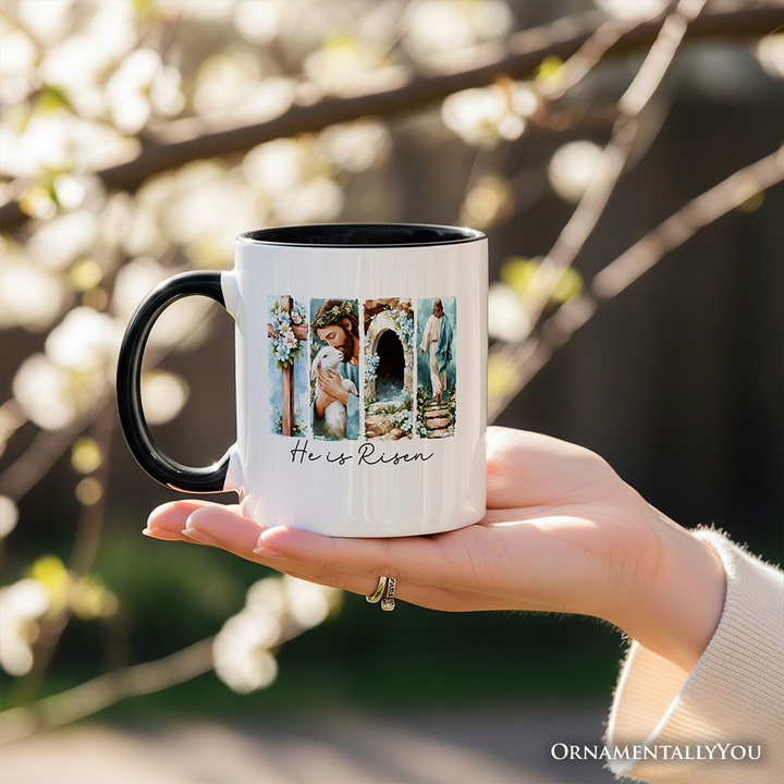 He Is Risen Christian Brushstroke Personalized Mug, Festive Easter Gift with Custom Name
