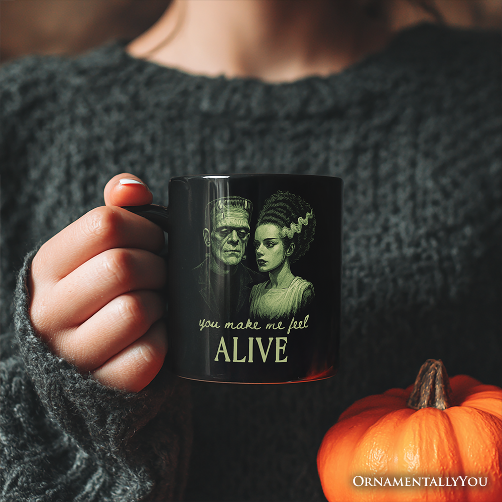 Frankenstein And Bride You Make Me Feel Alive Personalized Mug, Valentine Retro Horror Couples Love Gift with Custom Name