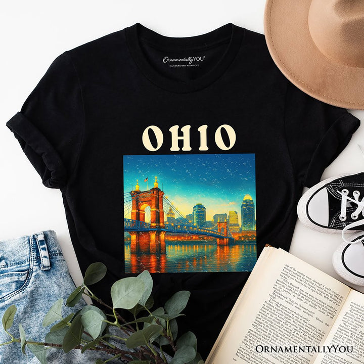 Charming Ohio State Cityscape and Landmark T-Shirt, Cincinnati Night Bridge Tee and Midwest Skyline Souvenir T-Shirts OrnamentallyYou Black XS 