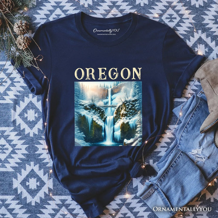 Enchanting Oregon State Multnomah Falls Winter T-Shirt, Pacific Northwest Waterfall Tee and Souvenir T-Shirts OrnamentallyYou Navy XS 