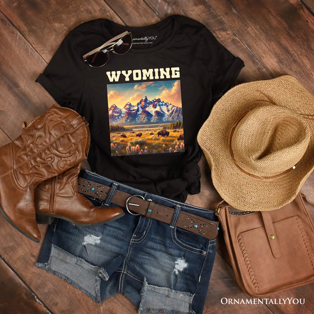 Majestic Wyoming State Prairie T-Shirt, Grand Teton Bison Tee and Western Landscape Souvenir T-Shirts OrnamentallyYou Black XS 