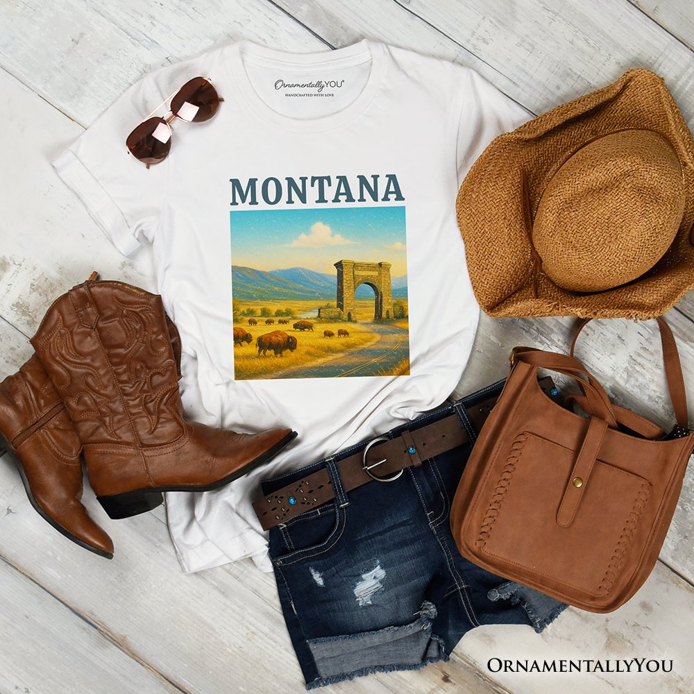 Rustic Montana State Wildlife and Landmark T-Shirt, Yellowstone Entrance Tee and Western Prairie Souvenir T-Shirts OrnamentallyYou White XS 
