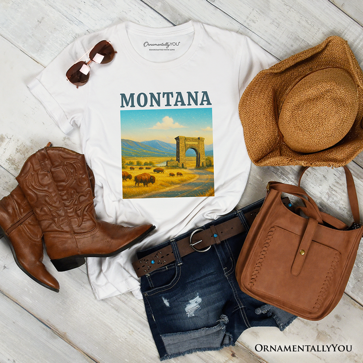 Rustic Montana State Wildlife and Landmark T-Shirt, Yellowstone Entrance Tee and Western Prairie Souvenir