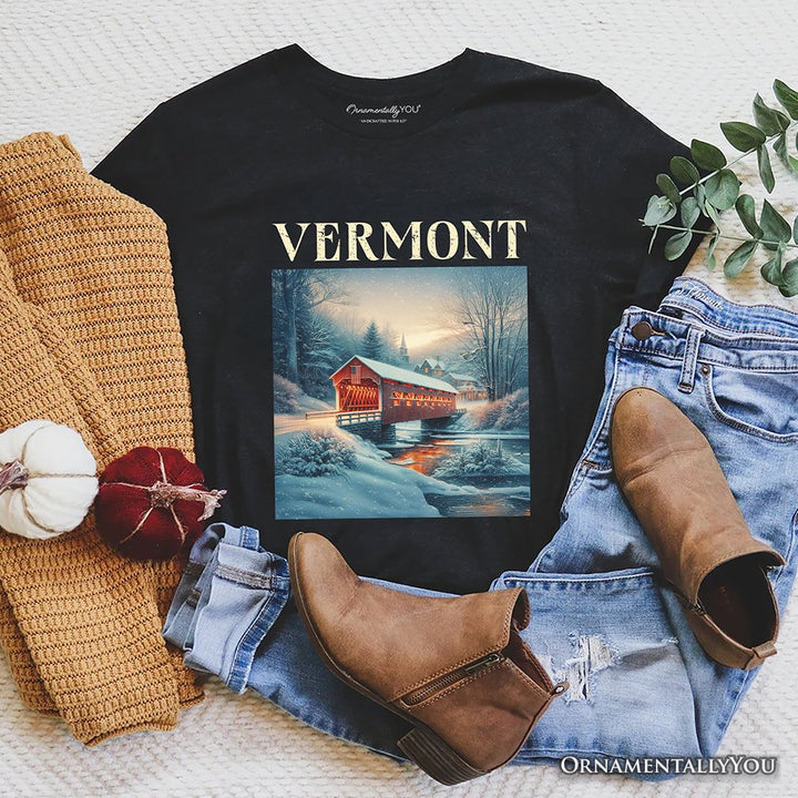 Rustic Red Covered Bridge Vermont State T-Shirt, New England Historical Tee and Travel Souvenir T-Shirts OrnamentallyYou Black XS 