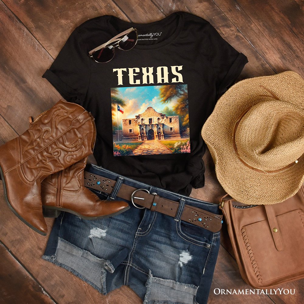Rustic Texas State Alamo T-Shirt, American Western Charm Tee and San Antonio Historical Souvenir T-Shirts OrnamentallyYou Black XS 