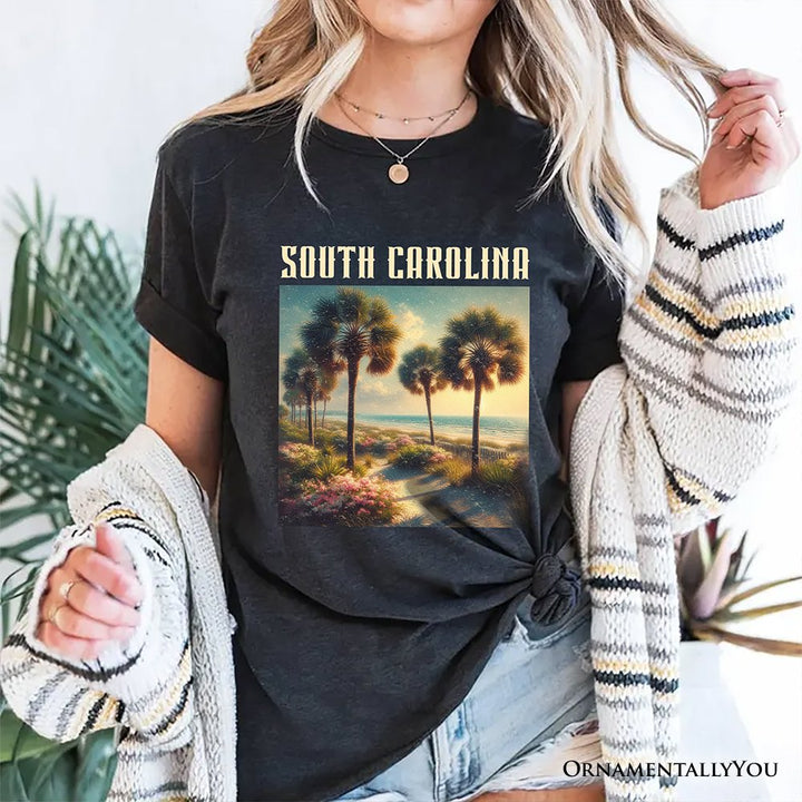Serene South Carolina State Palmetto Beach Scene T-Shirt, Coastal Tee and Tropical Keepsake Souvenir T-Shirts OrnamentallyYou 