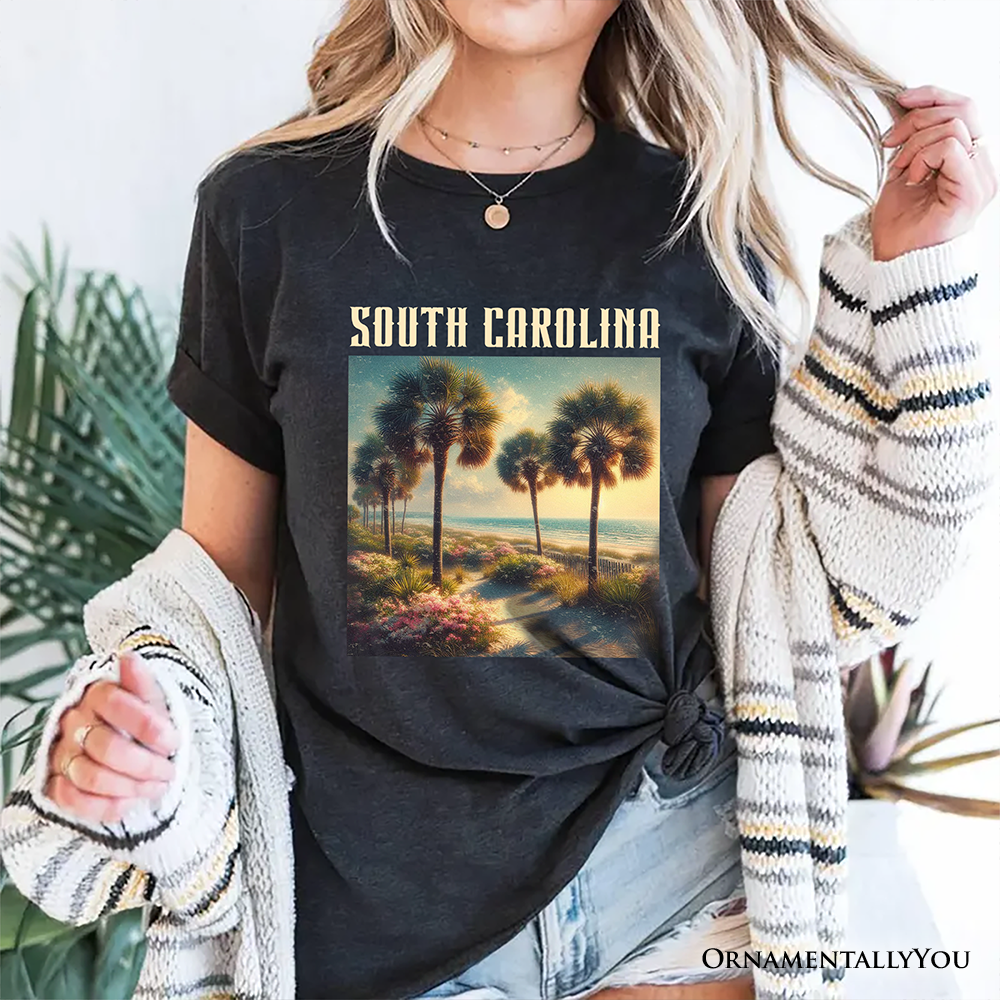 Serene South Carolina State Palmetto Beach Scene T-Shirt, Coastal Tee and Tropical Keepsake Souvenir