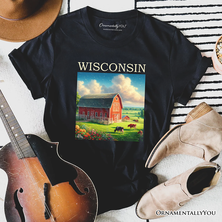 Vintage Wisconsin Farm Landscape T-Shirt, Midwest Red Barn Tee and Countryside Souvenir