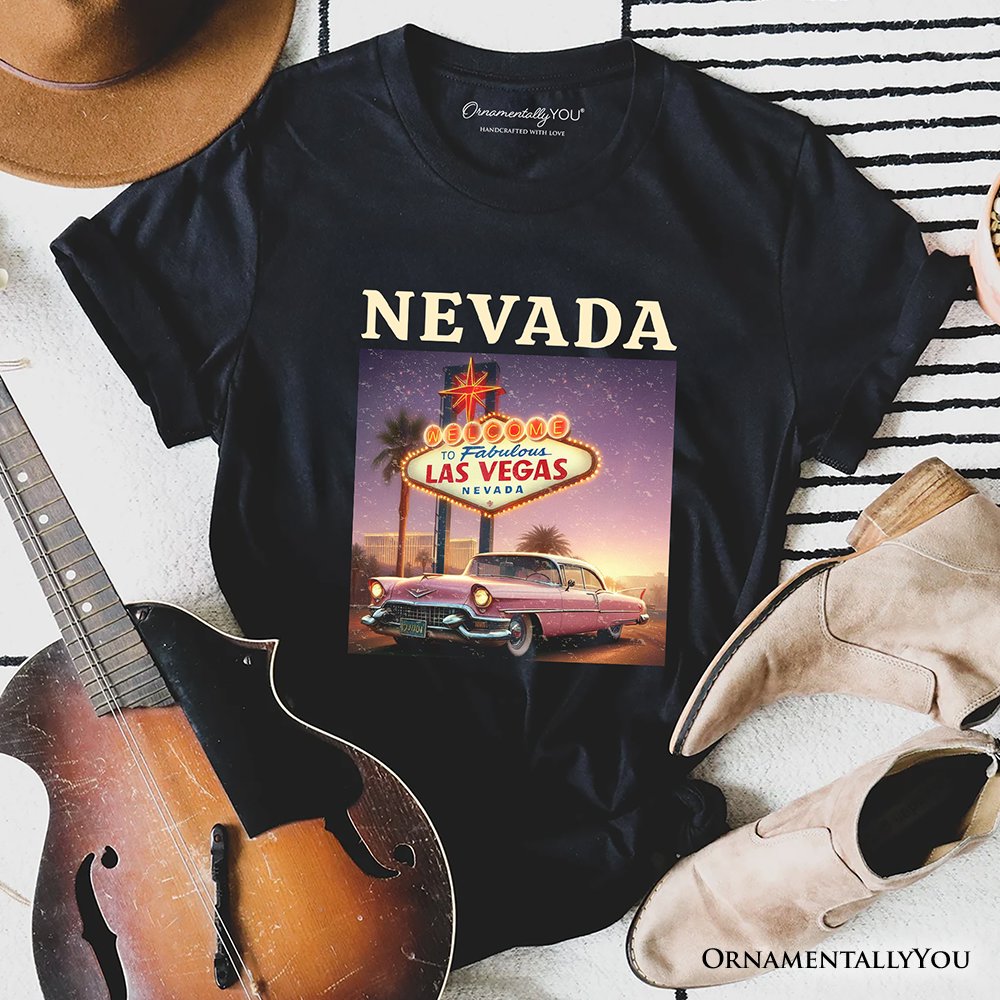 Vintage Nevada State Las Vegas Sign Ornament, Retro Pink Cadillac Tee and Desert City Souvenir T-Shirts OrnamentallyYou Black XS 