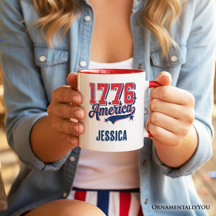 1776 America Vintage Personalized Mug, Patriotic Retro USA Freedom 4th of July Gift with Custom Name Personalized Ceramic Mug OrnamentallyYou 