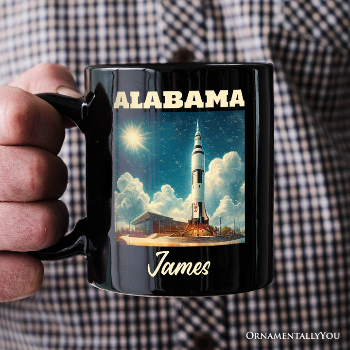 Retro Alabama State Rocket Launch Personalized Mug, NASA Space Center Gift and Huntsville Souvenir with Custom Name