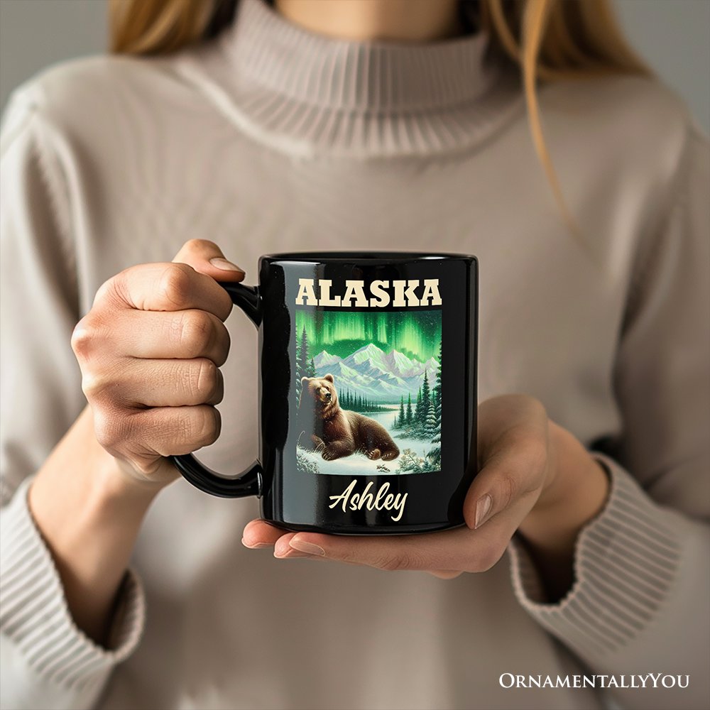 Majestic Alaska State Wilderness Vintage Personalized Mug, Northern Lights Grizzly Bear Gift and Nature Souvenir with Custom Name Personalized Ceramic Mug OrnamentallyYou 