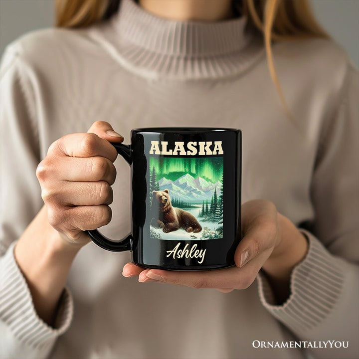 Majestic Alaska State Wilderness Vintage Personalized Mug, Northern Lights Grizzly Bear Gift and Nature Souvenir with Custom Name Personalized Ceramic Mug OrnamentallyYou 