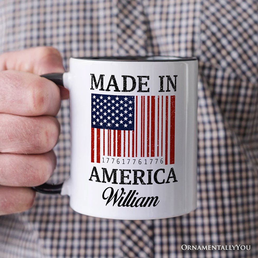 Made In America Bar Code Flag Personalized Mug, Patriotic 1776 USA 250th Anniversary Gift with Custom Name Personalized Ceramic Mug OrnamentallyYou 