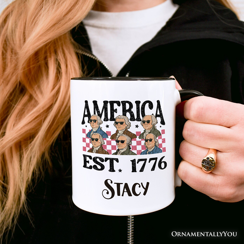 America Est 1776 Founding Fathers Vintage Personalized Mug, Retro Patriotic Gift with Custom Name