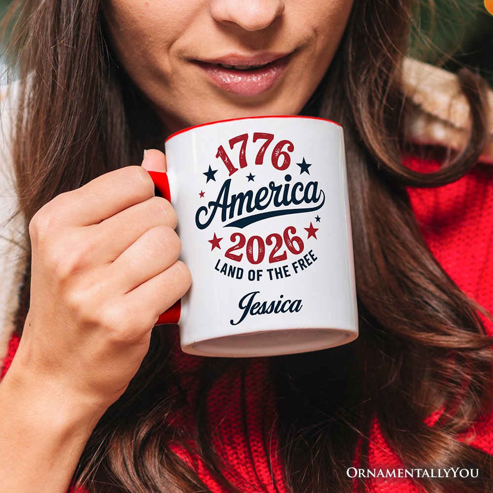 Patriotic America 1776-2026 Land of the Free Personalized Mug, 250 Year Independence Day Celebration Gift with Custom Name Personalized Ceramic Mug OrnamentallyYou 