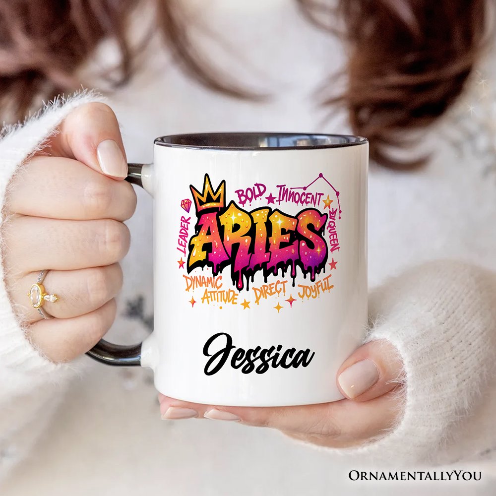 Aries Graffiti Zodiac Personalized Mug, Street Style Astrology Horoscope Gift with Custom Name Personalized Ceramic Mug OrnamentallyYou 