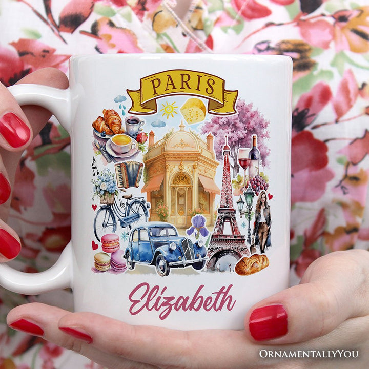 Artistic Paris Culture and Landmarks Personalized Mug, Classical France Gift and Souvenir with Custom Name Personalized Ceramic Mug OrnamentallyYou 