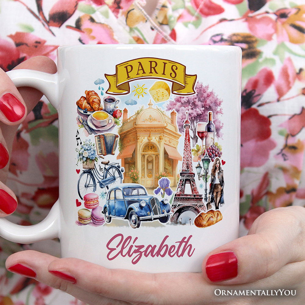 Artistic Paris Culture and Landmarks Personalized Mug, Classical France Gift and Souvenir with Custom Name