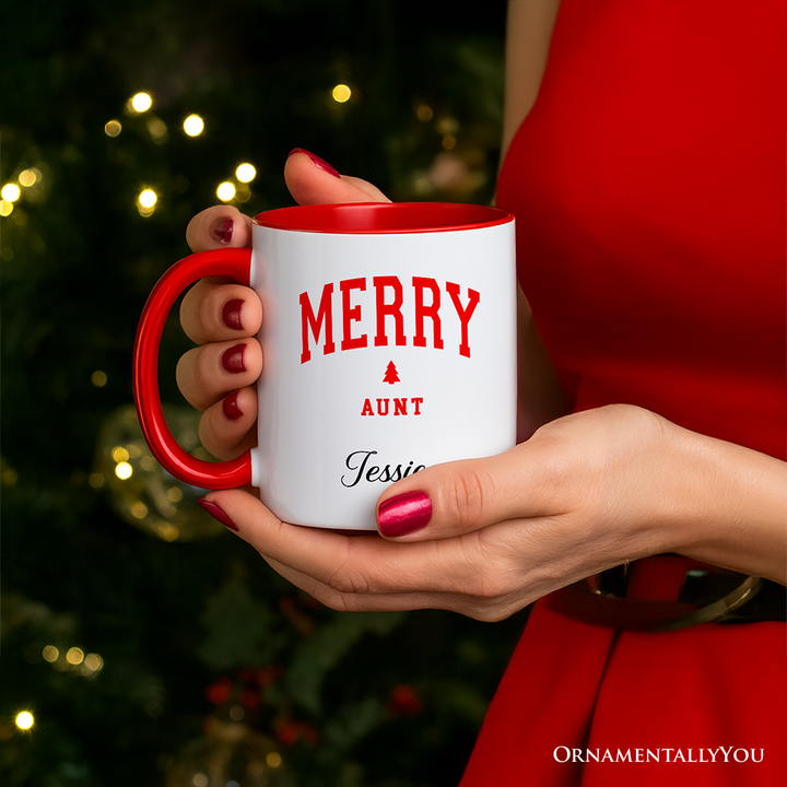 Merry Aunt Retro Christmas Personalized Mug, Matching Family Holiday Gift with Custom Name