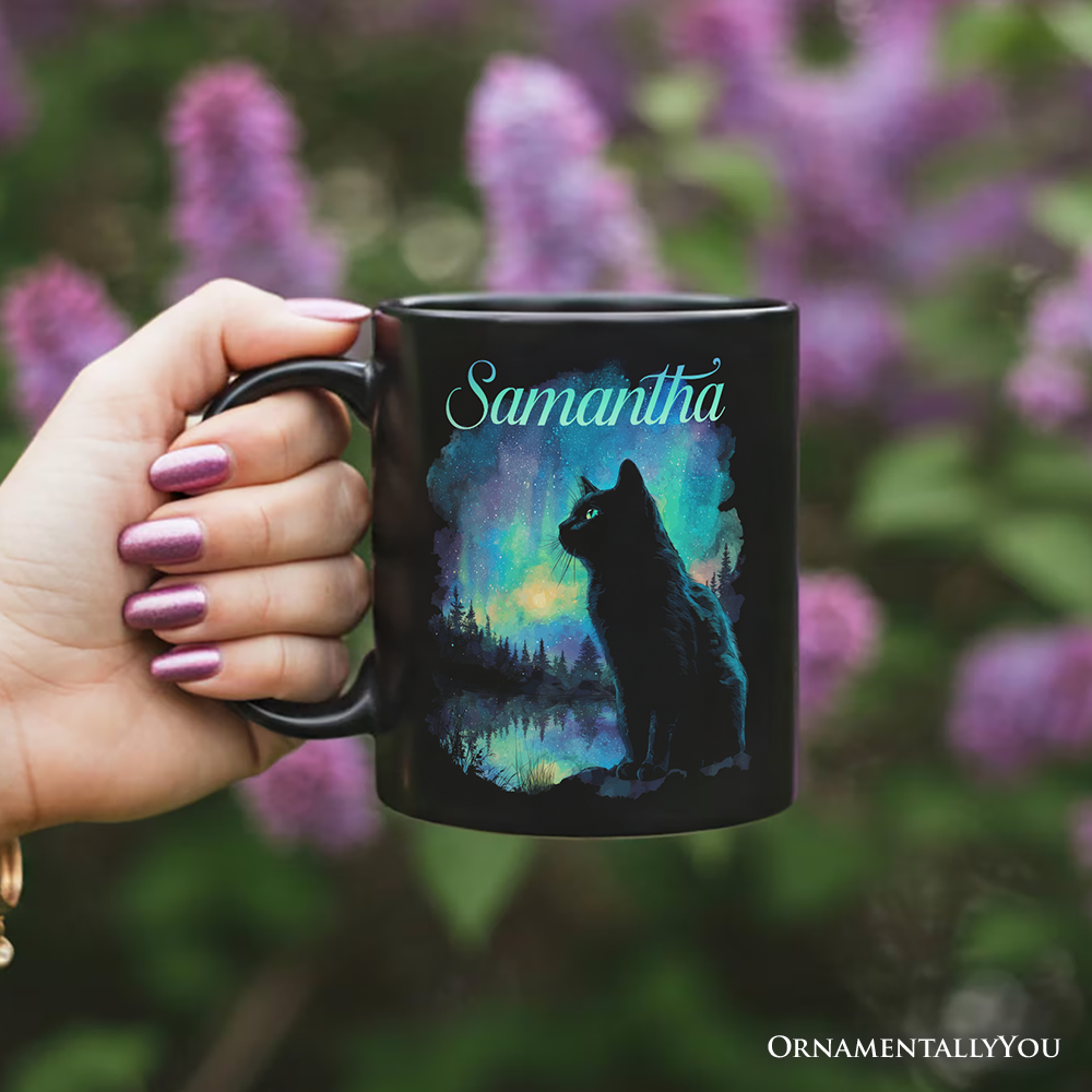 Mystic Aurora Cat Personalized Mug, Northern Lights Feline Gift with Custom Name